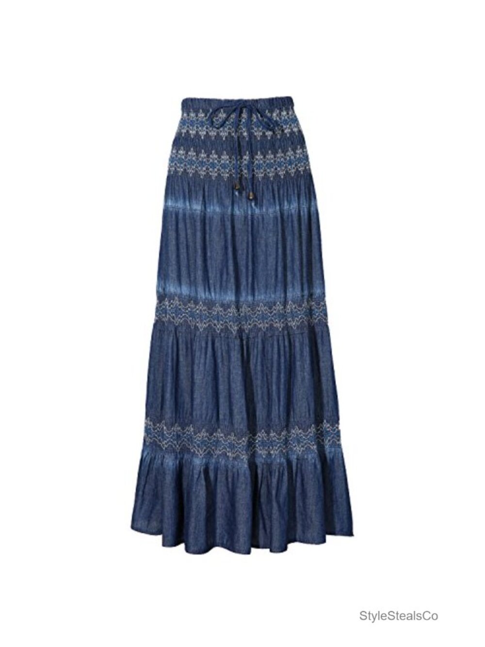 High Waist Pleated Tiered Maxi Skirt Cotton Chambray Casual